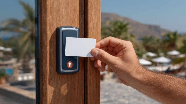 Hand holding white keycard near modern electronic door lock on glass door at hotel entrance in bright daylight