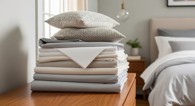 Stack of clean bed linen with soft pillows on a wooden dresser in a bedroom. Folded cotton sheets and textile bedding preparation. Interior design house organizing and laundry concept.