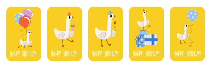 Set of birthday cards with funny geese holding gifts balloons cake and wine perfect for kids parties greeting cards celebrations © Ilona