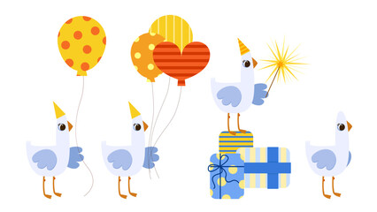 Naklejka premium Cute hand drawn geese with balloons and gift boxes festive illustration for kids birthday baby shower Easter spring celebration party decor isolated