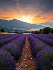 Obraz premium Lavender field sunrise mountain landscape vibrant purple rows dramatic sky peaceful nature scenery