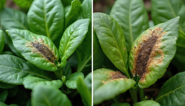 Spinach leaves show fungal infection spots. Brown damaged areas on green plants indicate disease. Close up macro view of unhealthy vegetable garden crop.