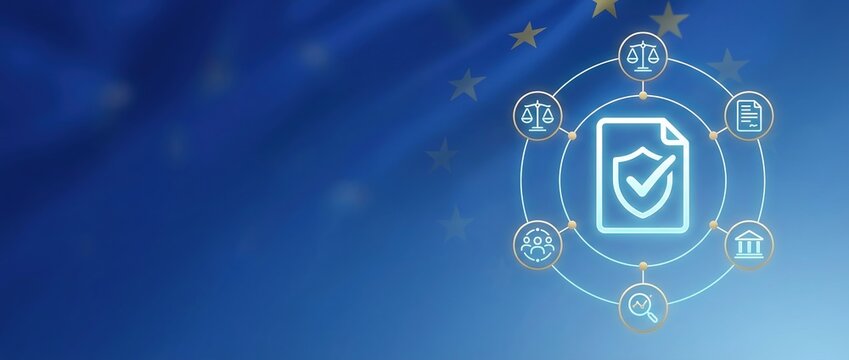 GDPR compliance European Union data protection law regulation privacy concept with abstract glowing legal icons and EU flag background, ideal for security and policy banner.
