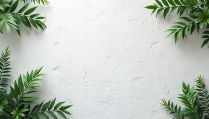 Fototapeta premium Green palm leaves frame a rough textured white wall surface. This minimalist background offers a clean, natural aesthetic. Ideal for text overlays and graphic design elements.