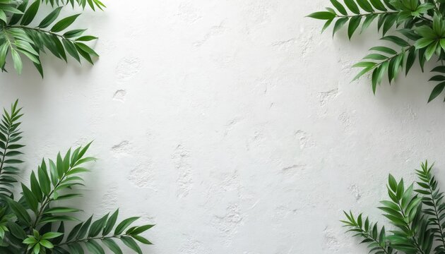 Green palm leaves frame a rough textured white wall surface. This minimalist background offers a clean, natural aesthetic. Ideal for text overlays and graphic design elements.