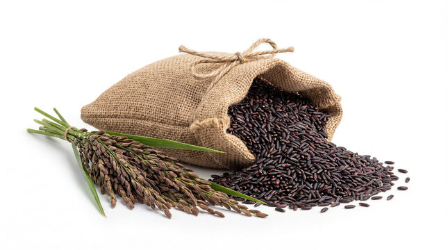 Purple glutinous rice spilling from burlap sack with rice panicle bundle isolated on white background.