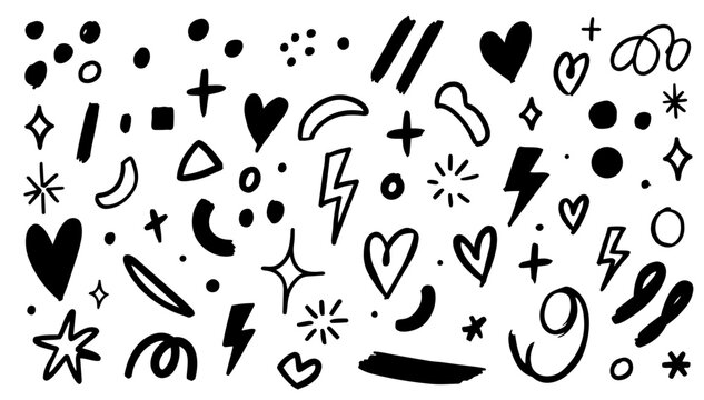 Hand drawn doodle vector set of background filler doodles in playful sketchy ink pen style with clean black outlines isolated on white background