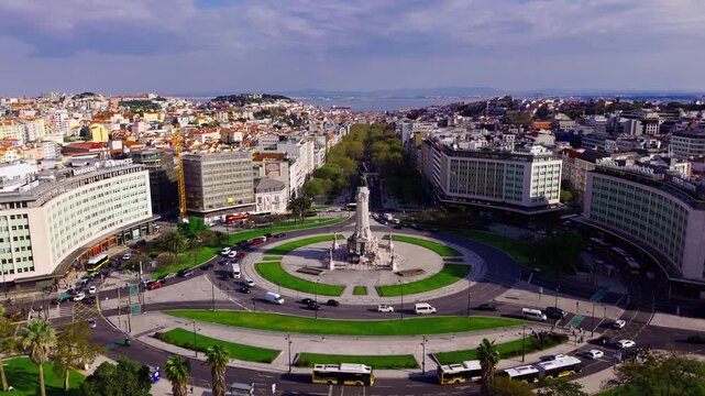 Lisbon, Portugal - March 23, 2026: Aerial rise of Marques de Pombal roundabout and Avenida da Liberdade 