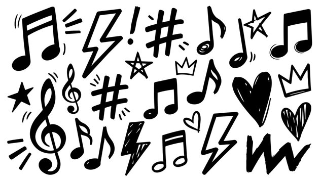 Hand drawn doodle vector set of bold music icon scribbles in playful expressive ink pen style with strong black outlines isolated on white background