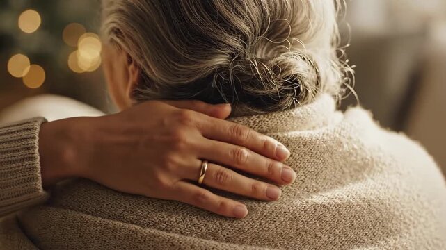 Mother's Day scene with senior mother and adult daughter in a messy, real-life morning setting. Close-up of hands, hair, and soft textures. Concept of messy authenticity and love.