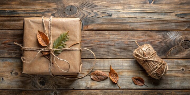 Rustic autumnal gift package presentation on wooden surface with twine and dried leaves