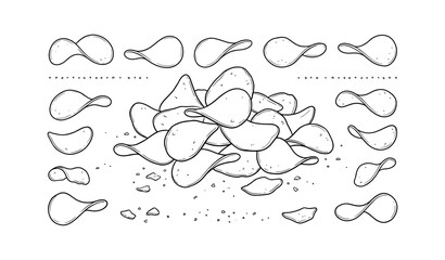 Fototapeta premium Monochrome illustrations of potato chips in various arrangements with crumbs