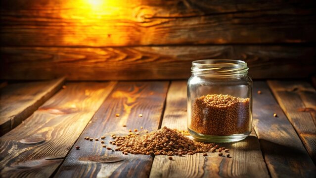 Rustic wooden table setting with a glass jar of roasted seeds spilling onto the surface, bathed in warm light