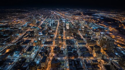 Naklejka premium Aerial view of a vibrant city at night with many illuminated streets and buildings