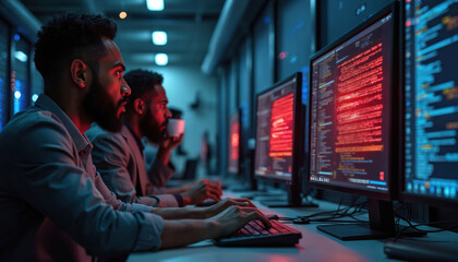 Obraz premium Two IT specialists analyze code on computer monitors in a server room at night. One man types on keyboard. Screens show red error messages indicating system failure.