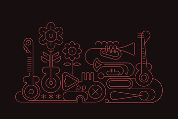 Musical Instruments And Flowers Abstract Vector Line Art Design