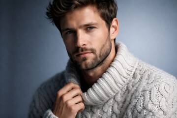 Fototapeta premium Attractive bearded young man with blue eyes wearing a light grey turtleneck sweater, posing confidently in studio for a cozy, modern winter fashion portrait, front view