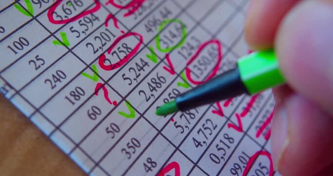 Paperwork.Close-up video of marker working with numbers on a paper sheet, illustrating business concept.