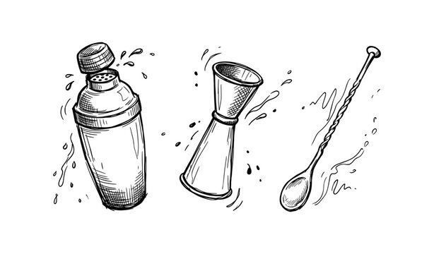Hand-drawn shaker, jigger, and spoon with water splashes
