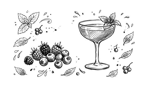 Hand-drawn cocktail glass and mixed berries with leaves in black and white