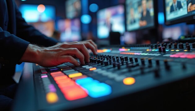 Hands operate a sound mixing board in a busy broadcast studio. Blurred screens show news programs. Pro tech worker controls audio and video feed for live television.