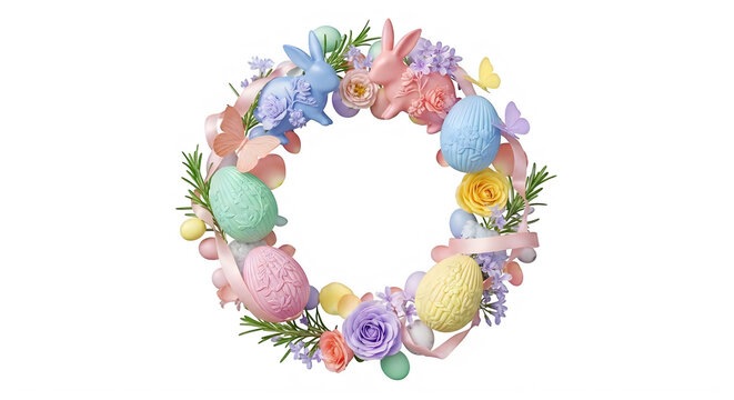 A colorful easter wreath with eggs and bunnies isolated on transparent background