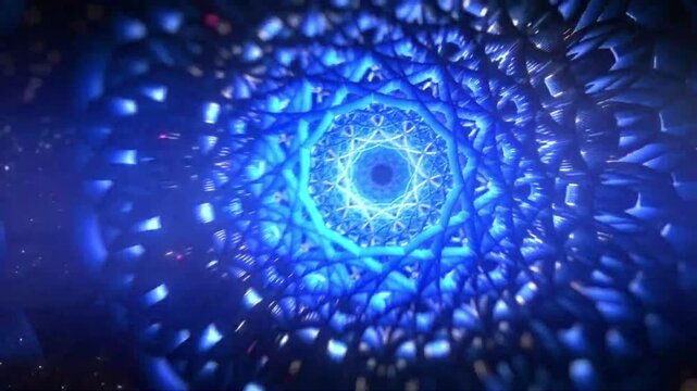 Blue and golden glowing kaleidoscope mandala pattern flowing in abstract tunnel motion background loop