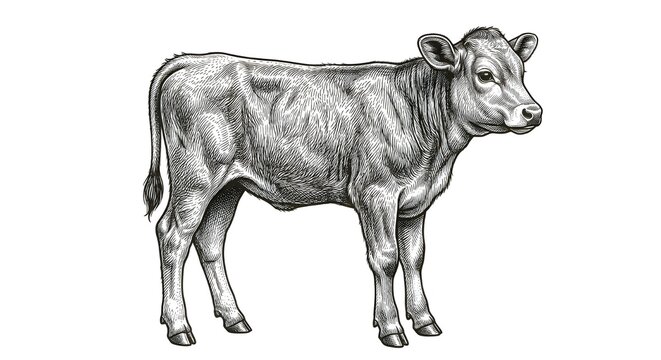 Vintage engraving style illustration of a young calf standing