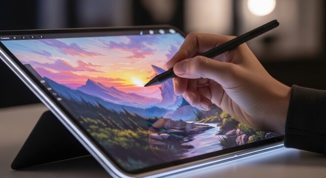 Hand using stylus on tablet creating digital art landscape with sunset, drawing and creative process on technology device for artist, designer.  Artwork, digital.