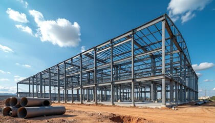 Fototapeta premium Steel framework of industrial building under construction. Large pipes lie on ground at busy building site. Clear blue sky with clouds above.