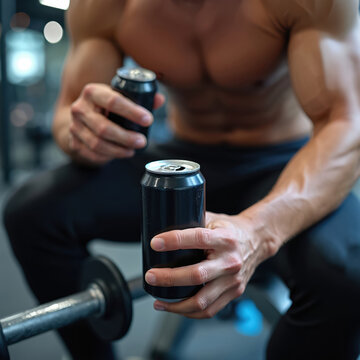 Man with muscular body holds two black cans in gym. Person drinks beverage near barbell. Athlete rests after workout session, recovers strength, energy.