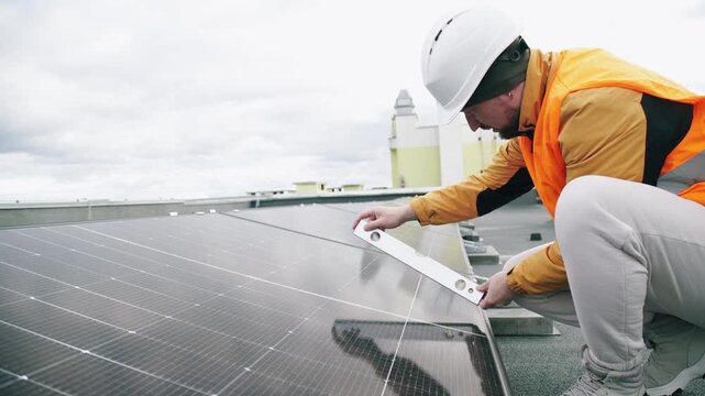 An electrical engineer installs solar panels on a roof, checking their alignment with a spirit level. The concept of renewable energy in an urban industrial environment.
