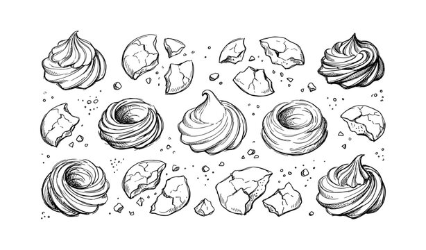 Hand-drawn cookie and meringue seamless pattern with crumbs