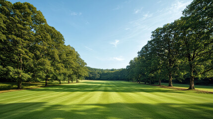 Obraz premium Tree lined grass area with lush green lawn, blue sky, and sunlight casting shadows, peaceful park landscape, summer outdoor scene