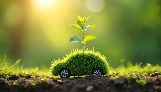 Small green car model covered in grass with plant sprout grows from it. Image represents eco transport concept future growth. Sunny day nature background.