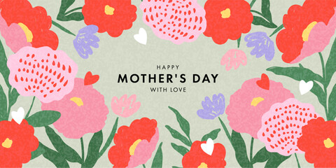 Plakat Mother's Day card. Trendy banner, poster, flyer, label or cover with flowers frame, abstract floral pattern in mid century art style. Spring summer bright abstract floral design template for ads promo