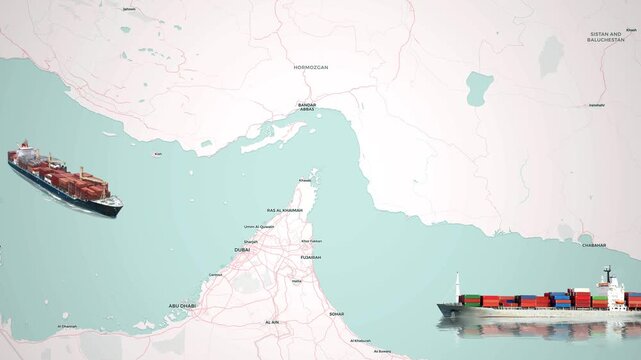 Animated map footage showing the blockage of the Strait of Hormuz