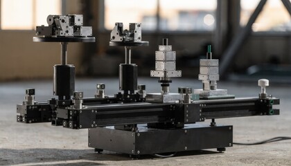 Fototapeta premium Medium shot of a modular smart table featuring customizable jig setups and integrated sensors for flexible repeatable alignment in advanced manufacturing processes.