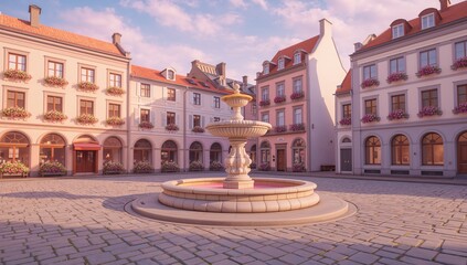 Fototapeta premium Charming Town Square With Fountain Surrounded By Elegant Buildings
