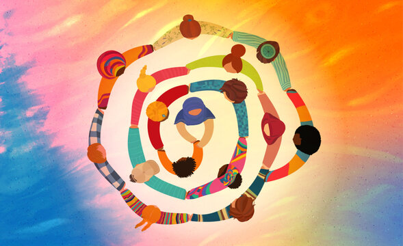 Top view of diverse people forming colorful spiral symbol of unity inclusion and human connection