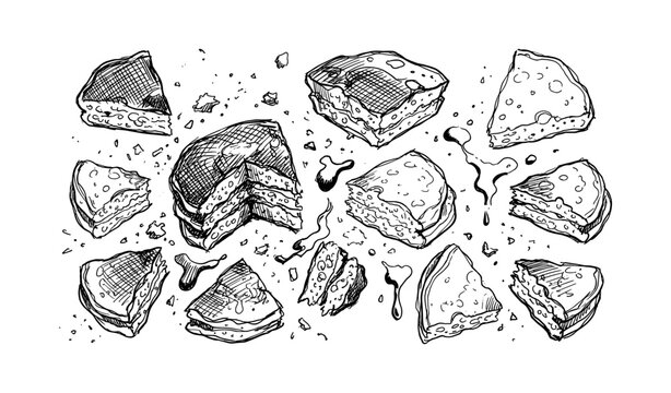 Hand-drawn cake and pie slices with crumbs and toppings on white background