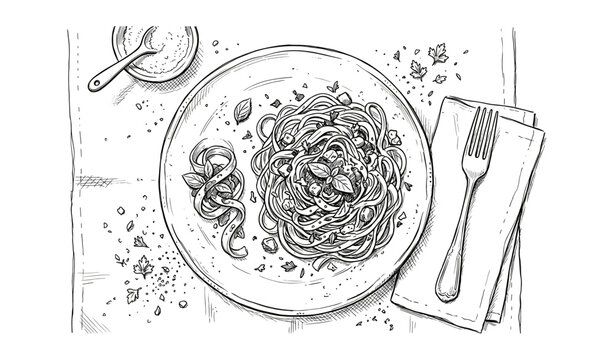 Detailed black and white line art drawing of spaghetti with basil and parmesan