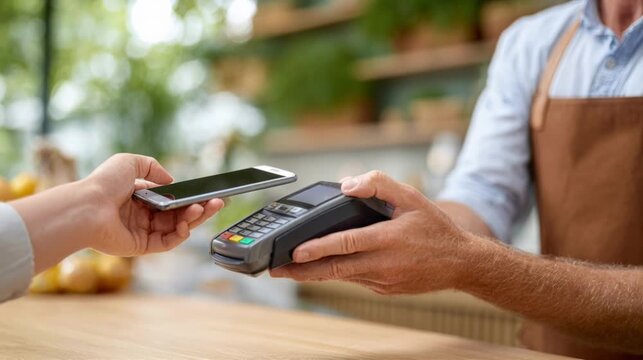 Slow motion tracking handheld close shot of customer tapping smartphone for contactless payment over card reader at cafe counter during daytime