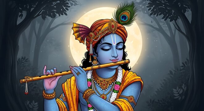 Lord sri krishna playing flute under moonlight with peacock feather
