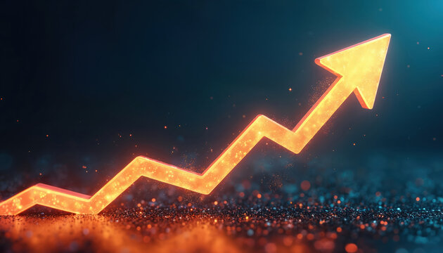Glowing orange arrow moves upward over dark background with sparkling particles. Represents business progress growth success positive financial trend. Upward trajectory signifies advancement,