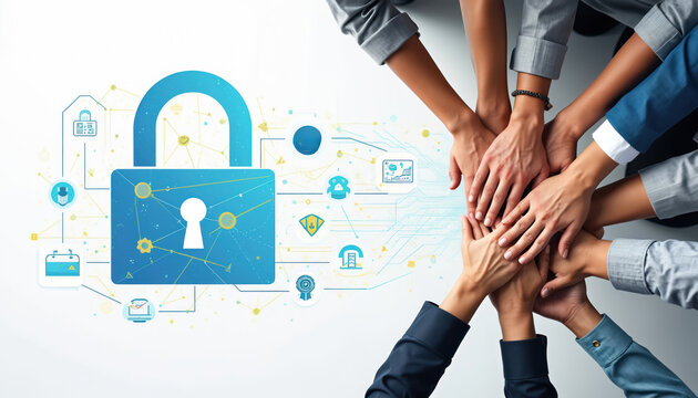 Team unites hands for digital security. Group commits to protecting data, networks, and privacy from cyber threats. Business concept for cyber defense and online safety.
