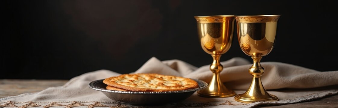 Two ornate golden chalices stand ready beside unleavened bread on a dark background. This setup represents religious ceremony, communion, and symbolic ritualistic meals.