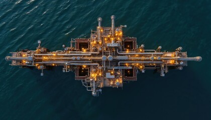 Fototapeta premium Aerial view complex industrial oil gas pipeline system platform. Petrochemical plant refinery structures operate at sea at night. Energy industry infrastructure pumps fuel.