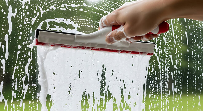 Hand cleaning window with squeegee and soapy water, blurred green foliage background