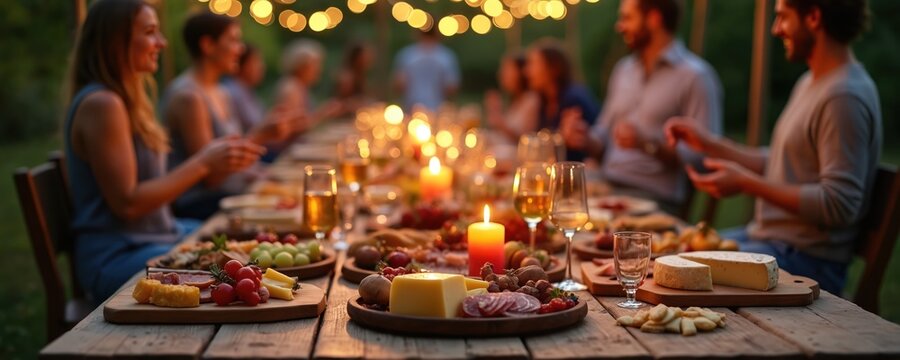 People enjoy outdoor dinner party with food and drinks. Friends gather at table with candles, fairy lights. Warm evening celebration, sharing good times, laughter.